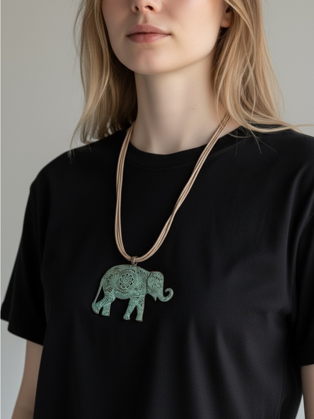 10/23 Mint Green Elephant Pendant Necklace with Beige Cord - Women Jewelry